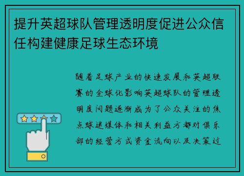 提升英超球队管理透明度促进公众信任构建健康足球生态环境
